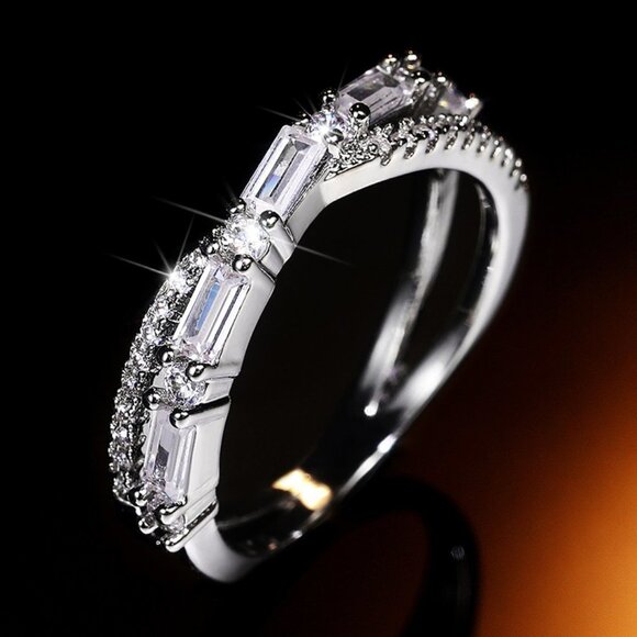 ▶Fashion Party Two Lines Cross CZ Anillos Trendy Silver Rings for Women L231